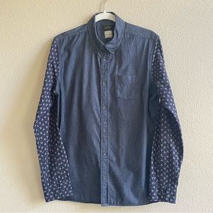 ❤️All Saints long sleeve denim & print sleeve dress shirt, Mens Medium